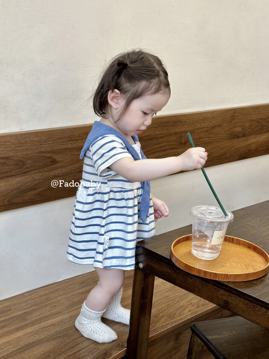 FADOBABY Girls' Navy Collar Striped Short Sleeve Summer Dress Newborn Toddler Cotton Princess Dress Summer 15